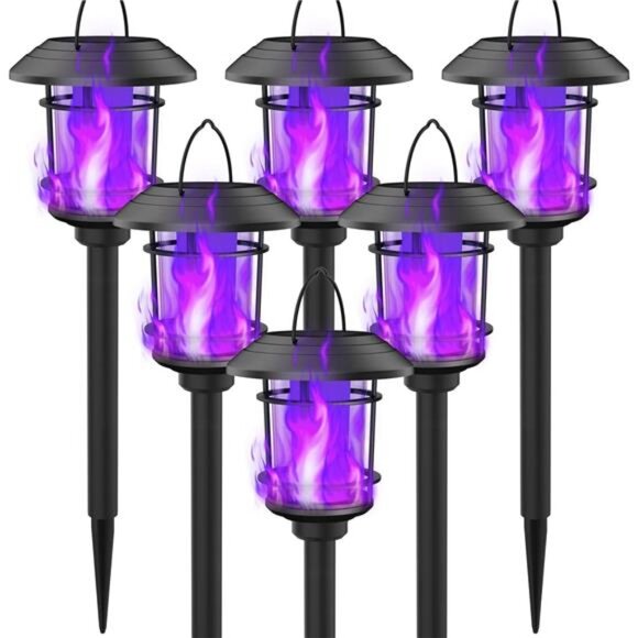 Dynaming 6 Pack Solar Flame Torch Lights Outdoor, Dual Use Flickering Purple - Picture 1 of 7